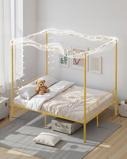 Full Size Canopy Bed Frame, Metal Canopy Bed with Minimalist Headboard & Four Posters Design, Heavy Duty Steel Slats Support, Underbed Storage Space, No Box Spring Needed, Easy Assembly, Gold