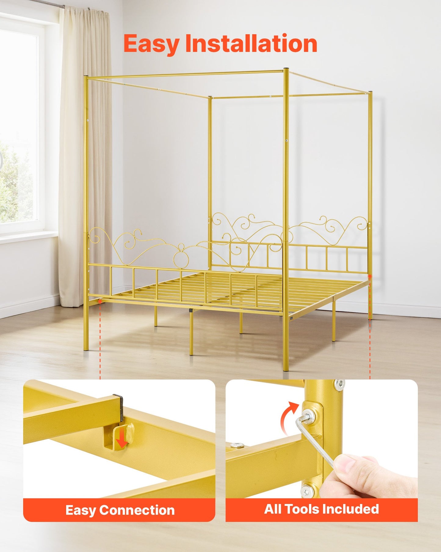 Queen size himmelssängram, metallhimmelsäng med minimalistisk huvudgavel och himmelssängdesign, kraftiga stålribbor, förvaringsutrymme under sängen, ingen boxmadrass behövs, enkel montering, guld