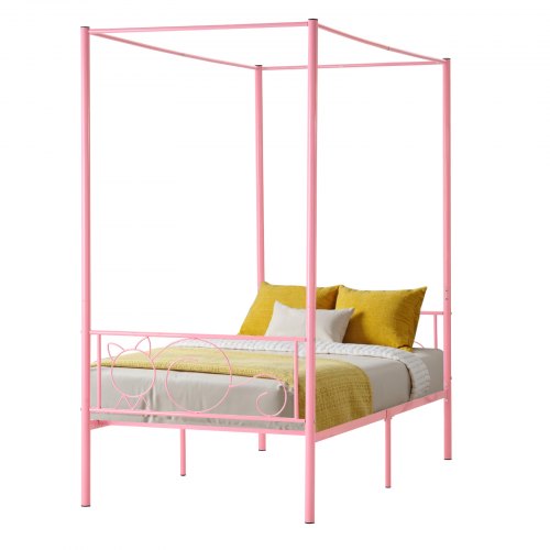 Twin Size Canopy Bed Frame, Metal Canopy Bed with Minimalist Headboard & Four Posters Design, Heavy Duty Steel Slats Support, Underbed Storage Space, No Box Spring Needed, Easy Assembly, Pink