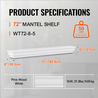 Fireplace Mantel, 72" x 8" x 5", 50 lbs Weight Capacity, Natural Wood Mantel for Over Fireplace, Wall Mounted Floating Farmhouse Shelf, Handcrafted Wood Fireplace Mantel for Wall Decor, White