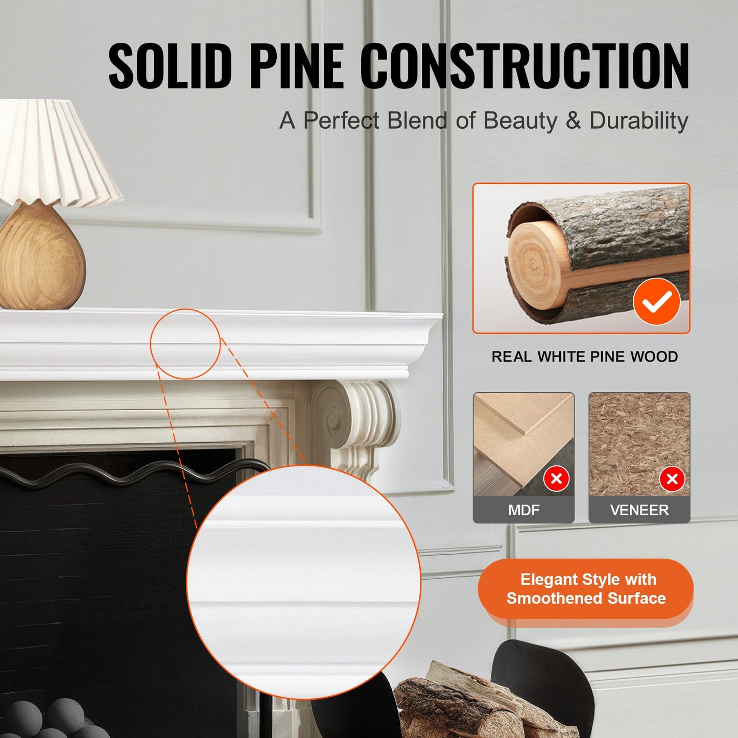 Fireplace Mantel, 72" x 8" x 5", 50 lbs Weight Capacity, Natural Wood Mantel for Over Fireplace, Wall Mounted Floating Farmhouse Shelf, Handcrafted Wood Fireplace Mantel for Wall Decor, White