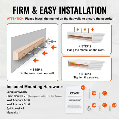 Fireplace Mantel, 72" x 8" x 5", 50 lbs Weight Capacity, Natural Wood Mantel for Over Fireplace, Wall Mounted Floating Farmhouse Shelf, Handcrafted Wood Fireplace Mantel for Wall Decor, White