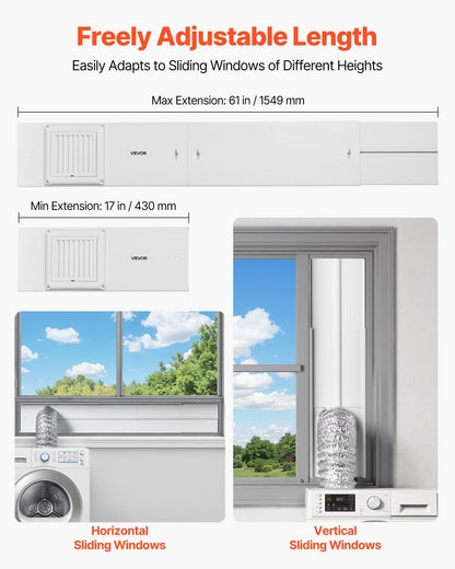 Torktumlarens ventilationsfönstersats, passar 101,6 mm avgasslangar, justerbar längd för anpassning av skjutbara fönster med olika höjder, robusta PVC- och PP-material, dubbla skydd och flerskiktstätning