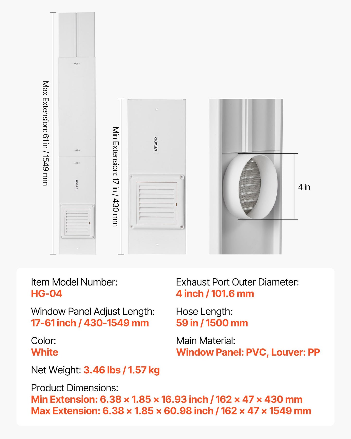 Torktumlarens ventilationsfönstersats, passar 101,6 mm avgasslangar, justerbar längd för anpassning av skjutbara fönster med olika höjder, robusta PVC- och PP-material, dubbla skydd och flerskiktstätning
