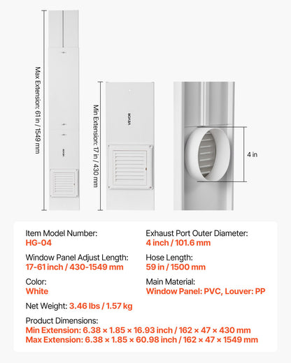 Torktumlarens ventilationsfönstersats, passar 101,6 mm avgasslangar, justerbar längd för anpassning av skjutbara fönster med olika höjder, robusta PVC- och PP-material, dubbla skydd och flerskiktstätning