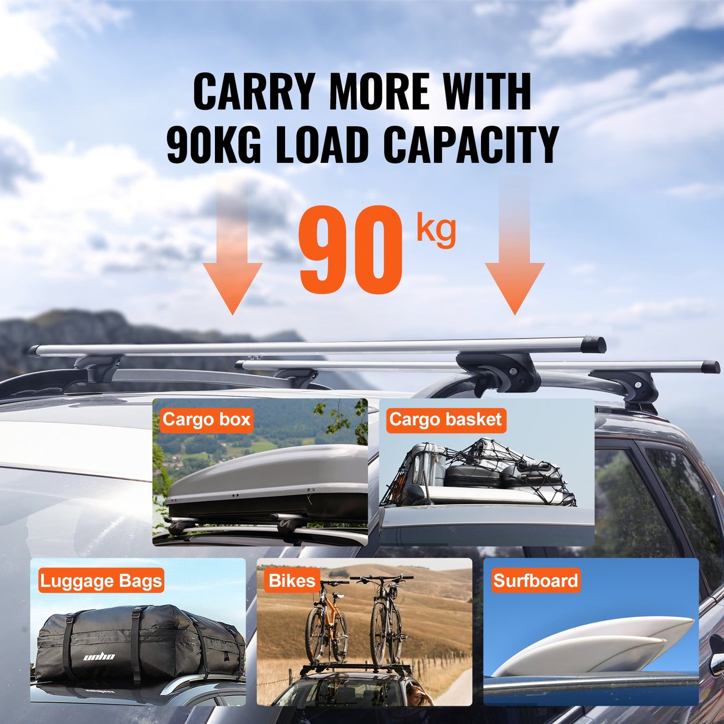 Universal Roof Rack Crossbar 135.1 cm Length for Vehicle w/ Raised Side Rail
