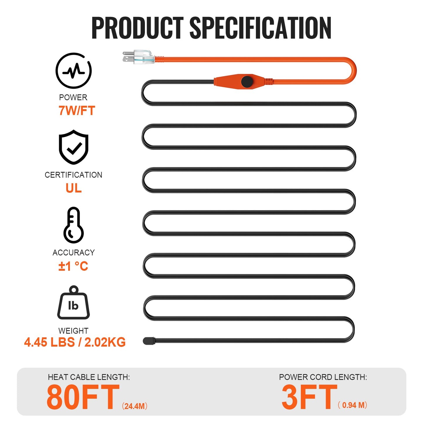 Rörvärmekabel, 25m 23W/m värmetejp för rör med inbyggd termostat, värmekabel för vattenrör skyddar PVC-slang, metall- och plaströr från frysning