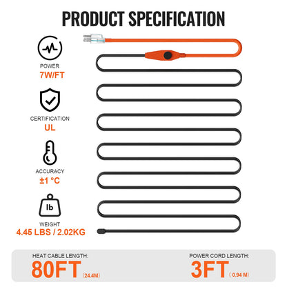Rörvärmekabel, 25m 23W/m värmetejp för rör med inbyggd termostat, värmekabel för vattenrör skyddar PVC-slang, metall- och plaströr från frysning