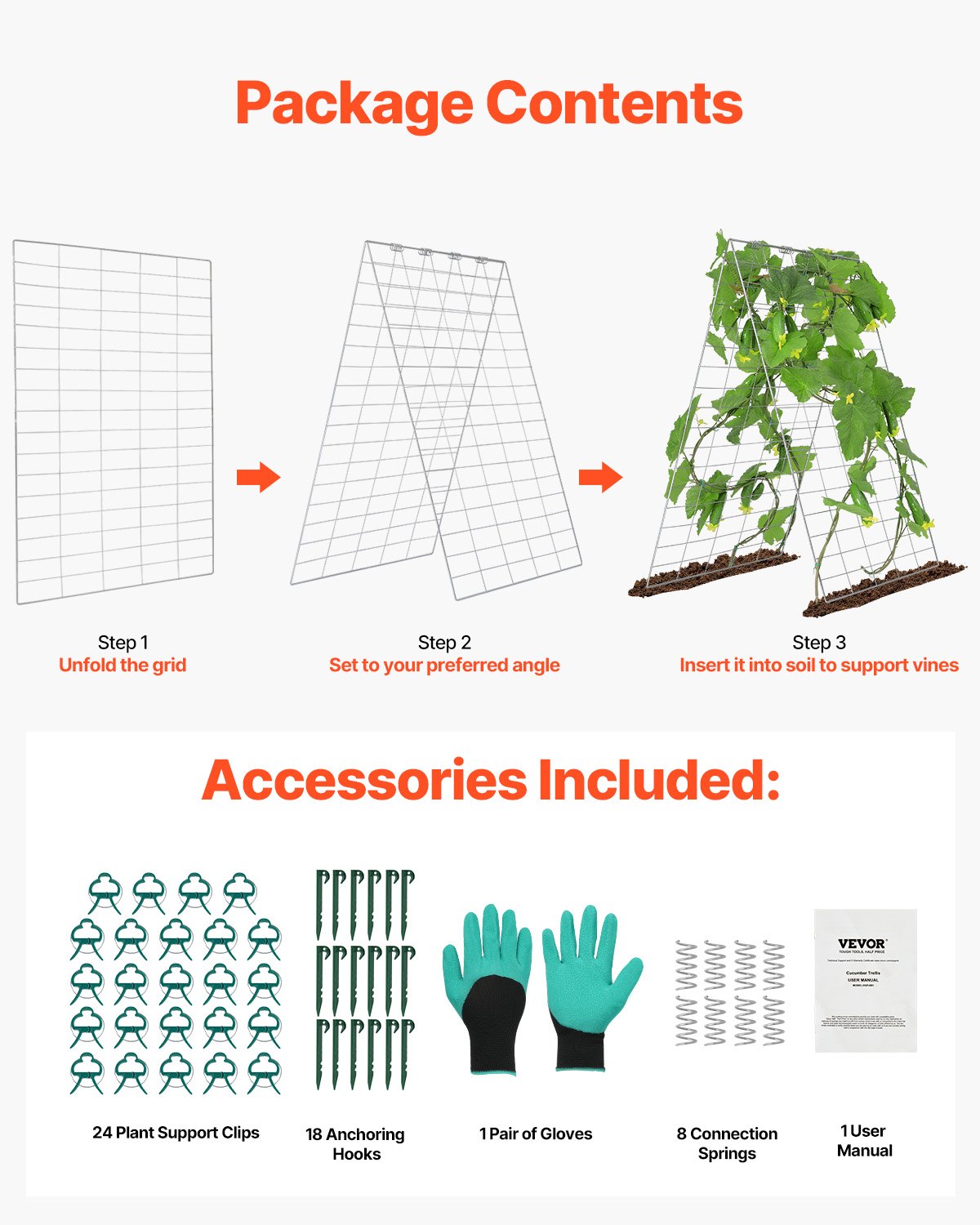 Cucumber Trellis for Climbing Plants, 35" x 55" Foldable Cucumber Trellis Set with Plant Clips, Metal Garden Trellis for Raised Bed, Outdoor Plant Grow Support for Tomato, Squash, Vegetable