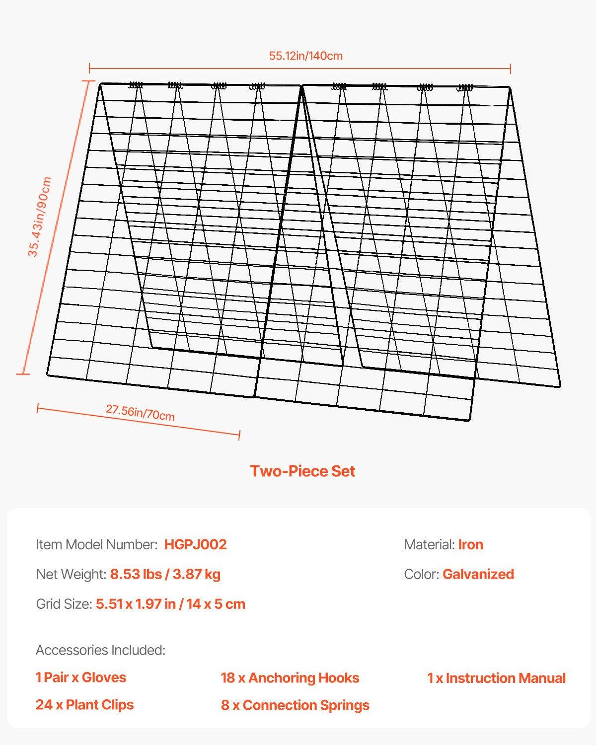Gurkspaljé för klätterväxter, 90 x 140 cm hopfällbart gurkspaljéset med växtklämmor, metallträdgårdsspaljé för upphöjd odlingsbädd, stöd för utomhusväxter för tomat, squash och grönsaker