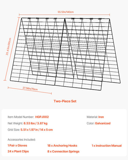 Gurkspaljé för klätterväxter, 90 x 140 cm hopfällbart gurkspaljéset med växtklämmor, metallträdgårdsspaljé för upphöjd odlingsbädd, stöd för utomhusväxter för tomat, squash och grönsaker