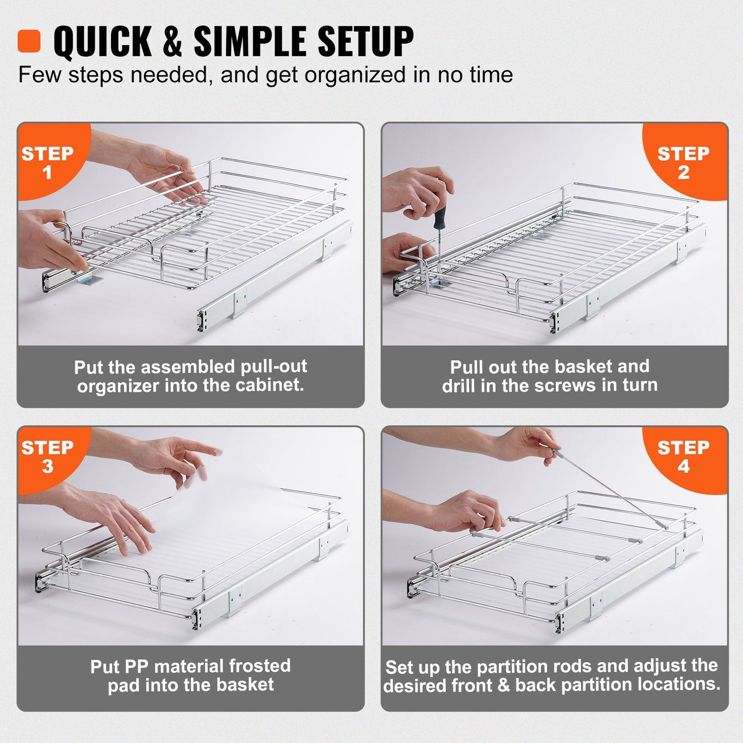 30.5 cm W x 43.2 cm D Pull Out Cabinet Organizer, Heavy Duty Slide Out Pantry Shelves, Chrome-Plated Steel Roll Out Drawers, Sliding Drawer Storage for Home, Inside Kitchen Cabinet, Bathroom, Under Sink