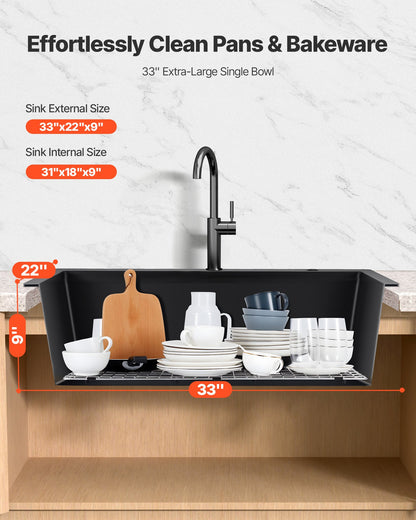 84 cm Kitchen Sink Workstation, Top Mount Granite Sinks, Drop-In Single Bowl Farmhouse Basin with Multiple Accessories, Household Dishwasher Sinks for RV, Prep Kitchen, and Bar (Black)