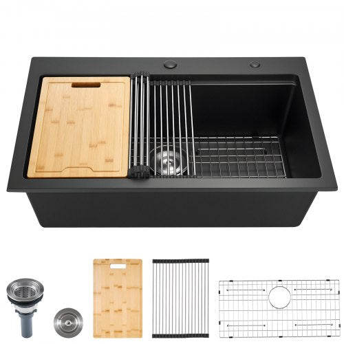 84 cm Kitchen Sink Workstation, Top Mount Granite Sinks, Drop-In Single Bowl Farmhouse Basin with Multiple Accessories, Household Dishwasher Sink for RV, Prep Kitchen, and Bar (Black)