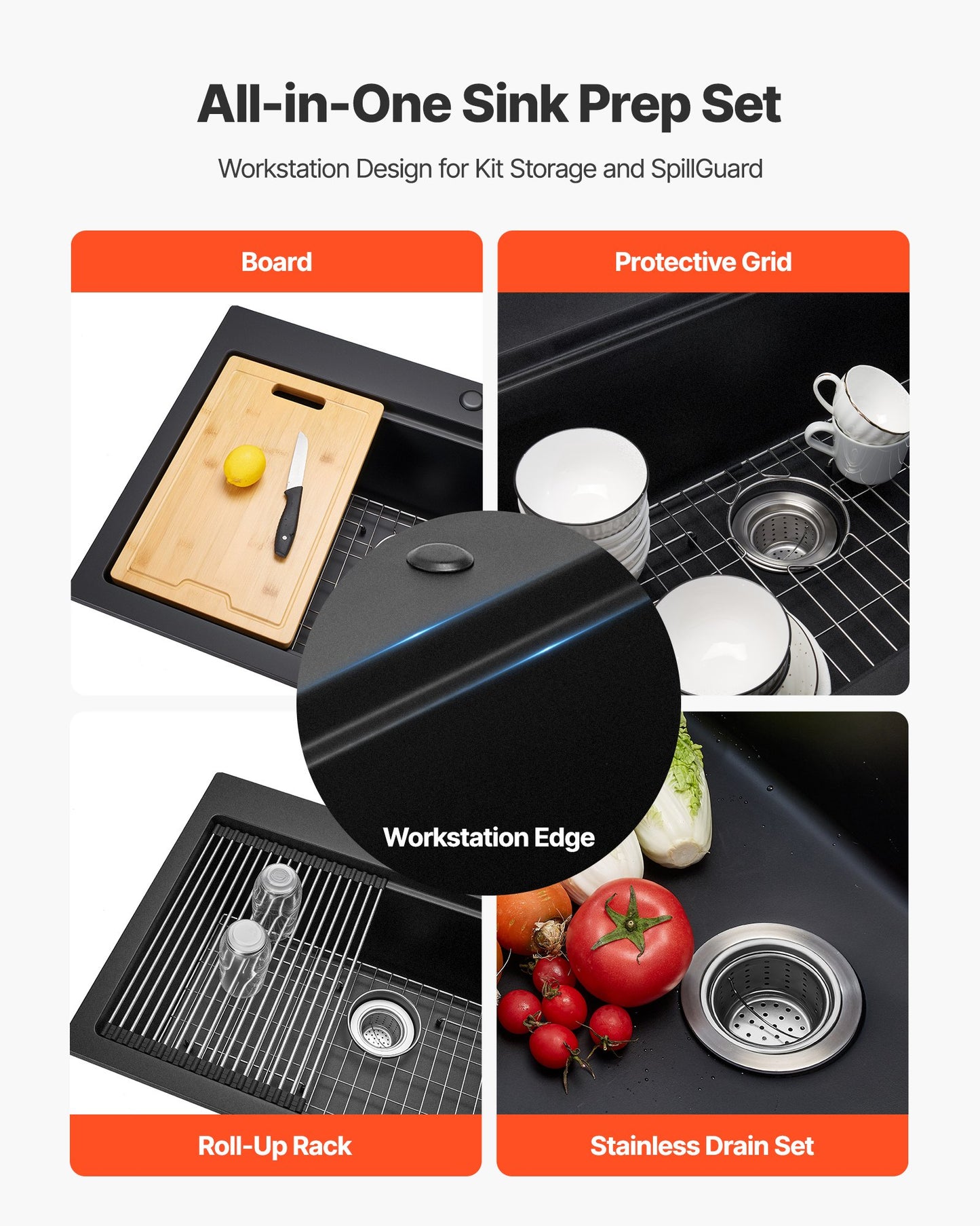 84 cm Kitchen Sink Workstation, Top Mount Granite Sinks, Drop-In Single Bowl Farmhouse Basin with Multiple Accessories, Household Dishwasher Sink for RV, Prep Kitchen, and Bar (Black)