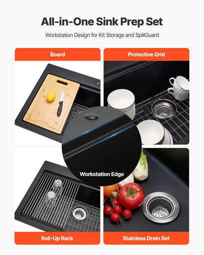 84 cm Kitchen Sink Workstation, Top Mount Granite Sinks, Drop-In Single Bowl Farmhouse Basin with Multiple Accessories, Household Dishwasher Sink for RV, Prep Kitchen, and Bar (Black)