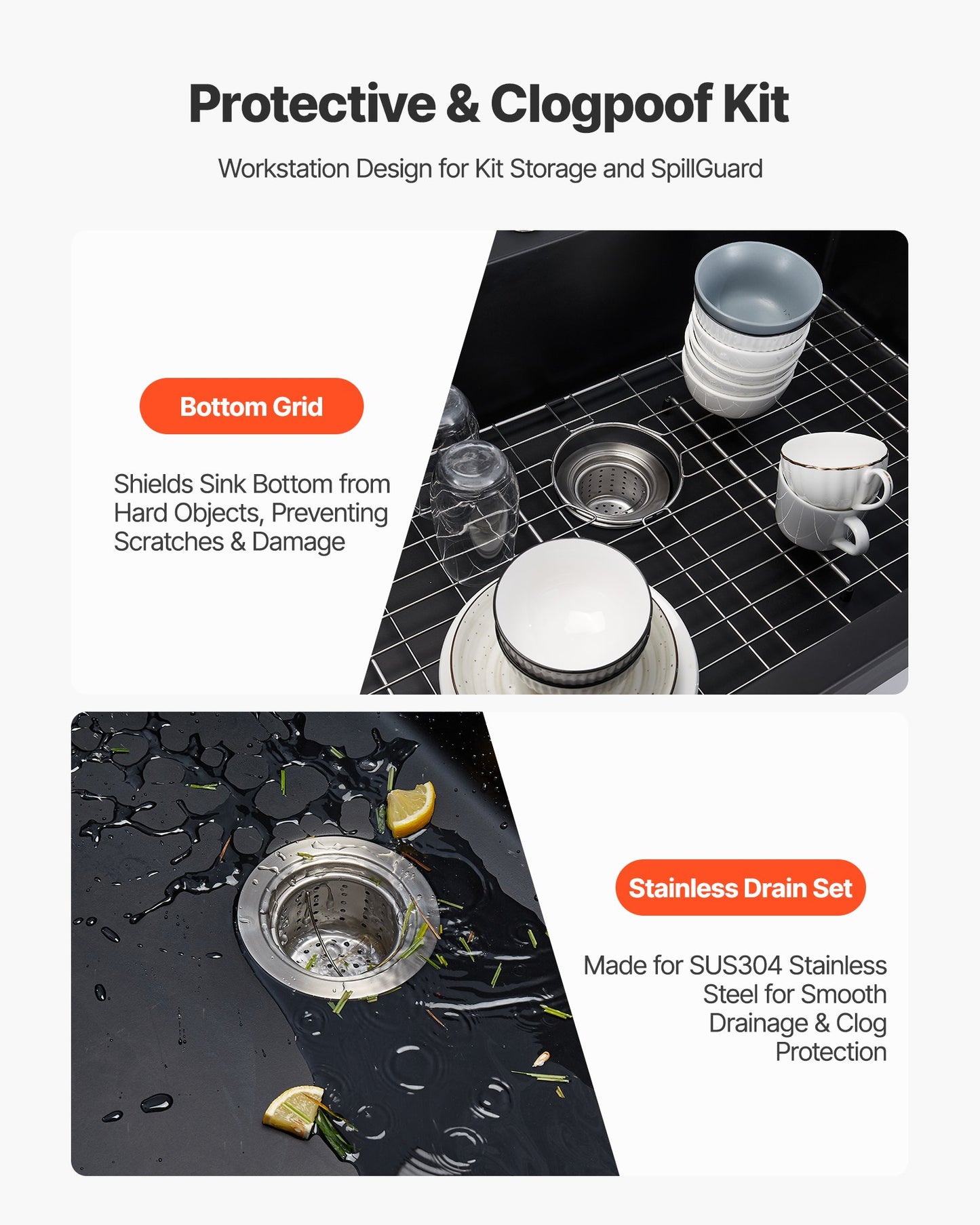 63 cm Kitchen Sink Workstation, Top Mount Granite Sinks, Drop-In Single Bowl Farmhouse Basin with Multiple Accessories, Household Dishwasher Sinks for RV, Prep Kitchen, and Bar (Black)