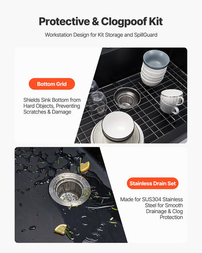 63 cm Kitchen Sink Workstation, Top Mount Granite Sinks, Drop-In Single Bowl Farmhouse Basin with Multiple Accessories, Household Dishwasher Sinks for RV, Prep Kitchen, and Bar (Black)