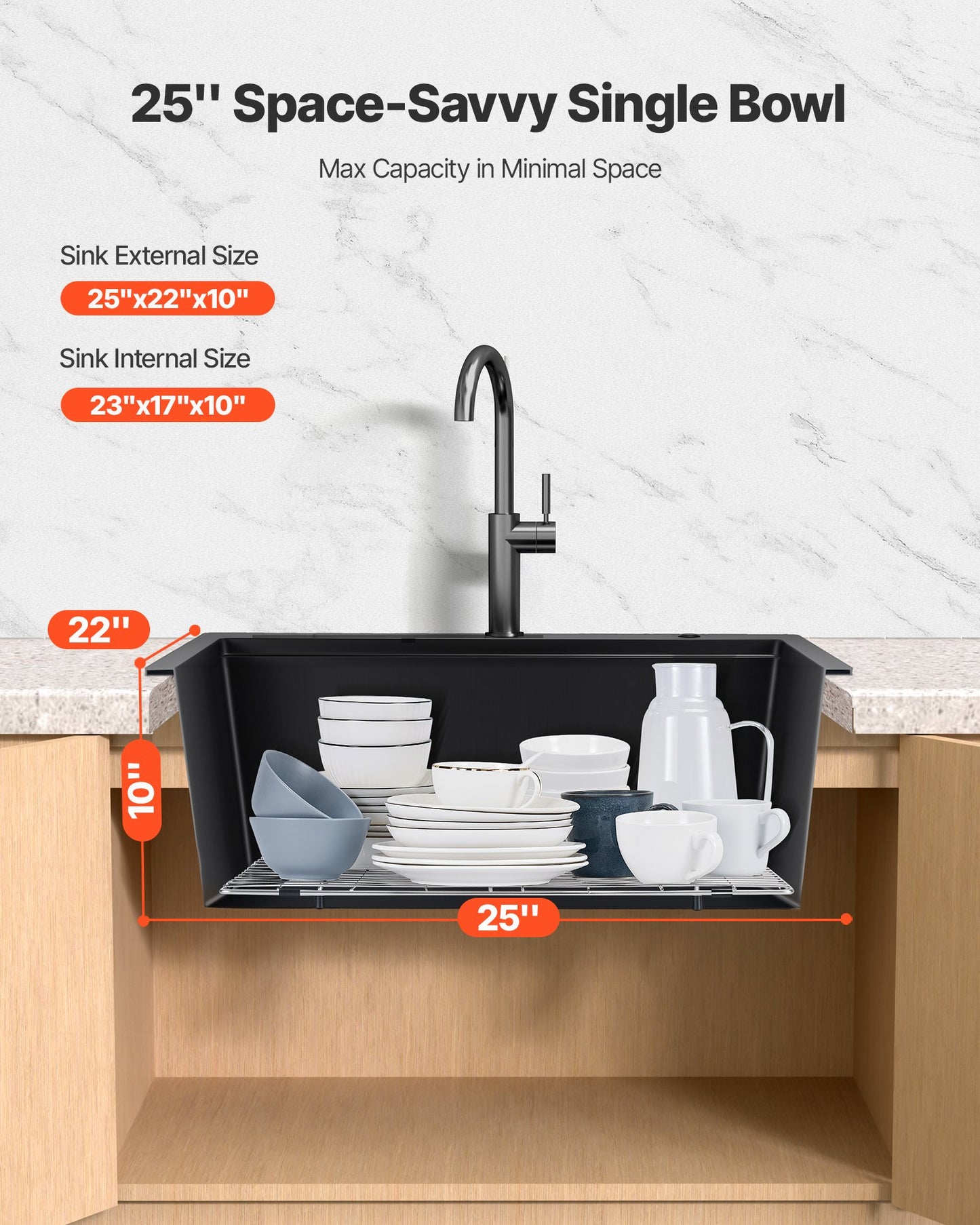 63 cm Kitchen Sink Workstation, Top Mount Granite Sinks, Drop-In Single Bowl Farmhouse Basin with Multiple Accessories, Household Dishwasher Sinks for RV, Prep Kitchen, and Bar (Black)