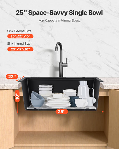 63 cm Kitchen Sink Workstation, Top Mount Granite Sinks, Drop-In Single Bowl Farmhouse Basin with Multiple Accessories, Household Dishwasher Sinks for RV, Prep Kitchen, and Bar (Black)