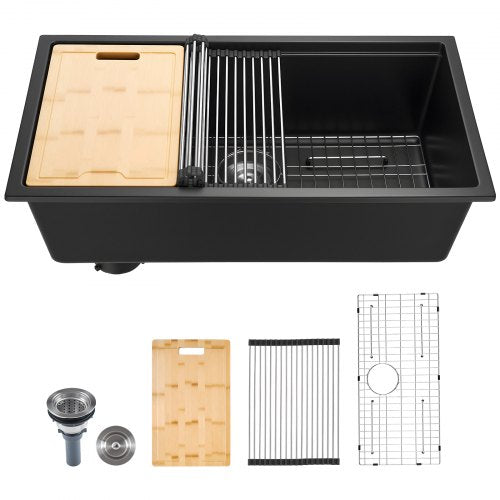 84 cm Kitchen Sink Workstation, Undermount Granite Sink, Drop-In Single Bowl Farmhouse Basin with Multiple Accessories, Household Dishwasher Sinks for RV, Prep Kitchen, and Bar (Black)