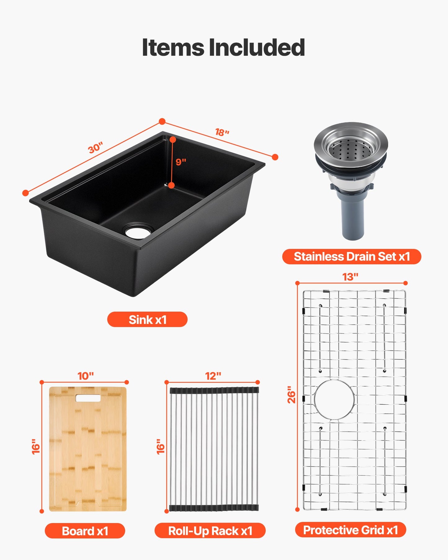 76 cm Kitchen Sink Workstation, Undermount Granite Sink, Drop-In Single Bowl Farmhouse Basin with Multiple Accessories, Household Dishwasher Sinks for RV, Prep Kitchen, and Bar (Black)