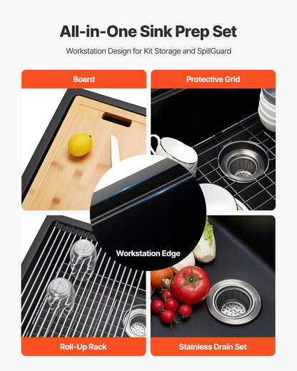 76 cm Kitchen Sink Workstation, Undermount Granite Sink, Drop-In Single Bowl Farmhouse Basin with Multiple Accessories, Household Dishwasher Sinks for RV, Prep Kitchen, and Bar (Black)