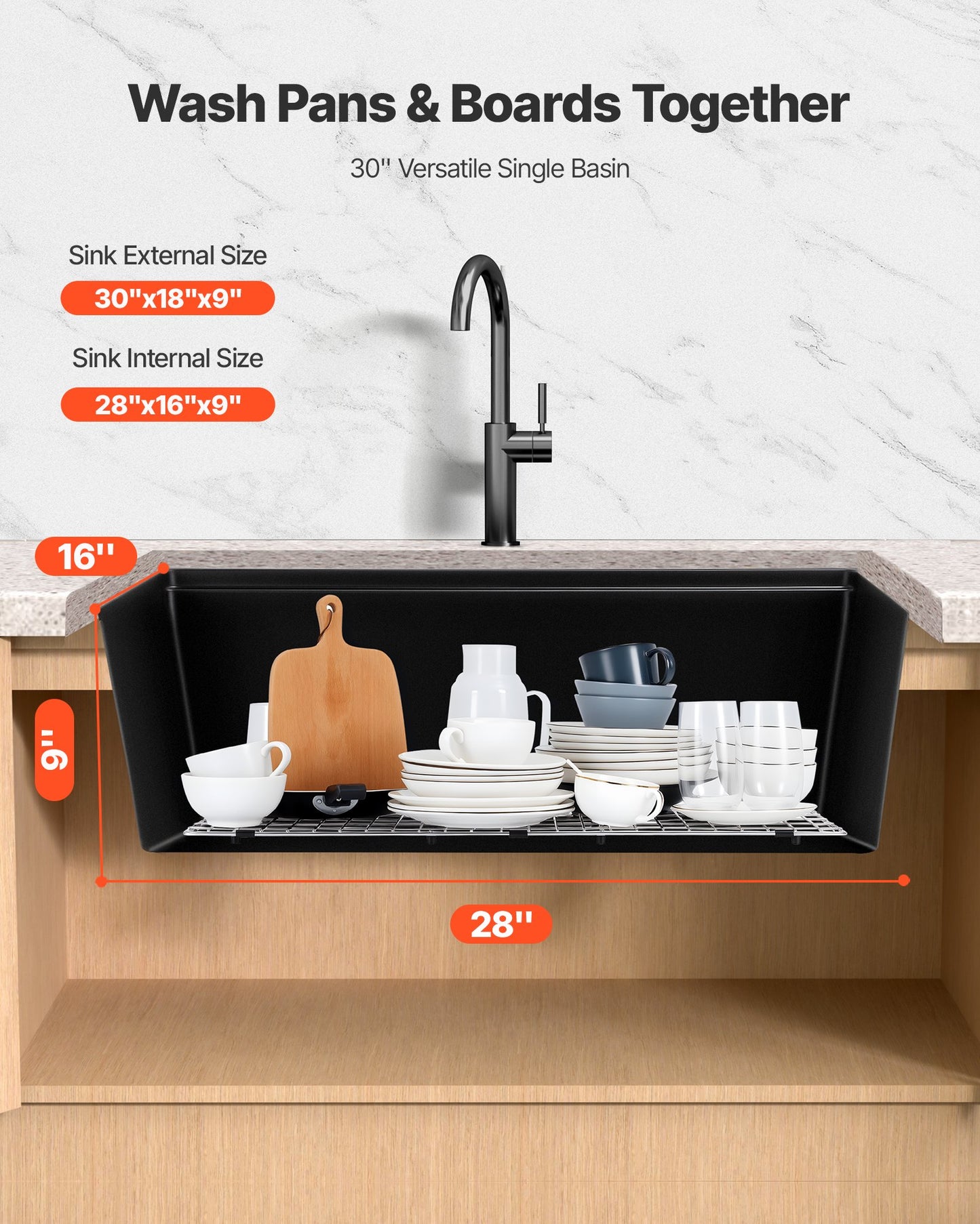 76 cm Kitchen Sink Workstation, Undermount Granite Sink, Drop-In Single Bowl Farmhouse Basin with Multiple Accessories, Household Dishwasher Sinks for RV, Prep Kitchen, and Bar (Black)