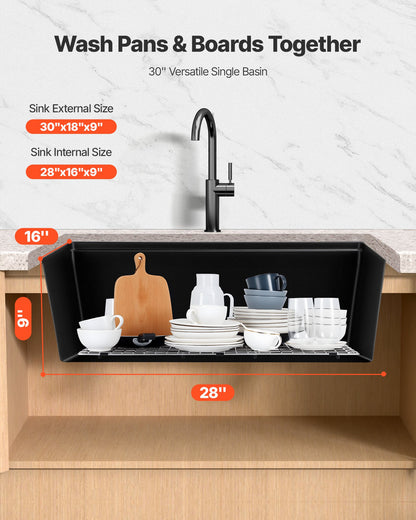 76 cm Kitchen Sink Workstation, Undermount Granite Sink, Drop-In Single Bowl Farmhouse Basin with Multiple Accessories, Household Dishwasher Sinks for RV, Prep Kitchen, and Bar (Black)