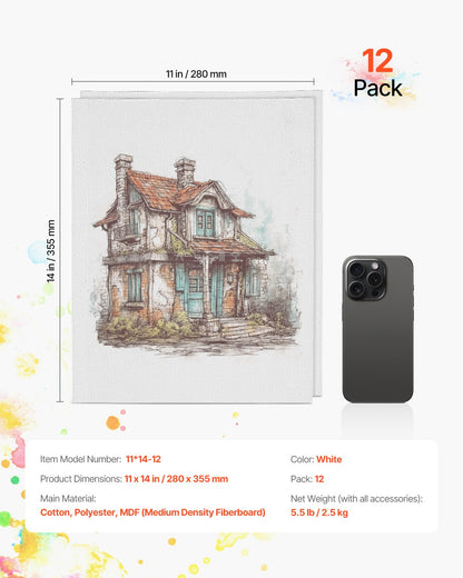 Canvas Boards for Painting, 11 x 14 Inch White Canvases for Painting, 12 Pack Painting Canvas Panels for Sketching, Acrylic and Oil Painting, Watercolor, Paint Canvas for Kids and Professionals