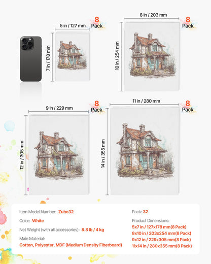 Canvas Boards for Painting, 32 Pack White Painting Canvases Set - 5x7, 8x10, 9x12, 11x14 Painting Canvas Panels for Acrylic and Oil Painting, Watercolor, Paint Canvas for Kids and Professionals