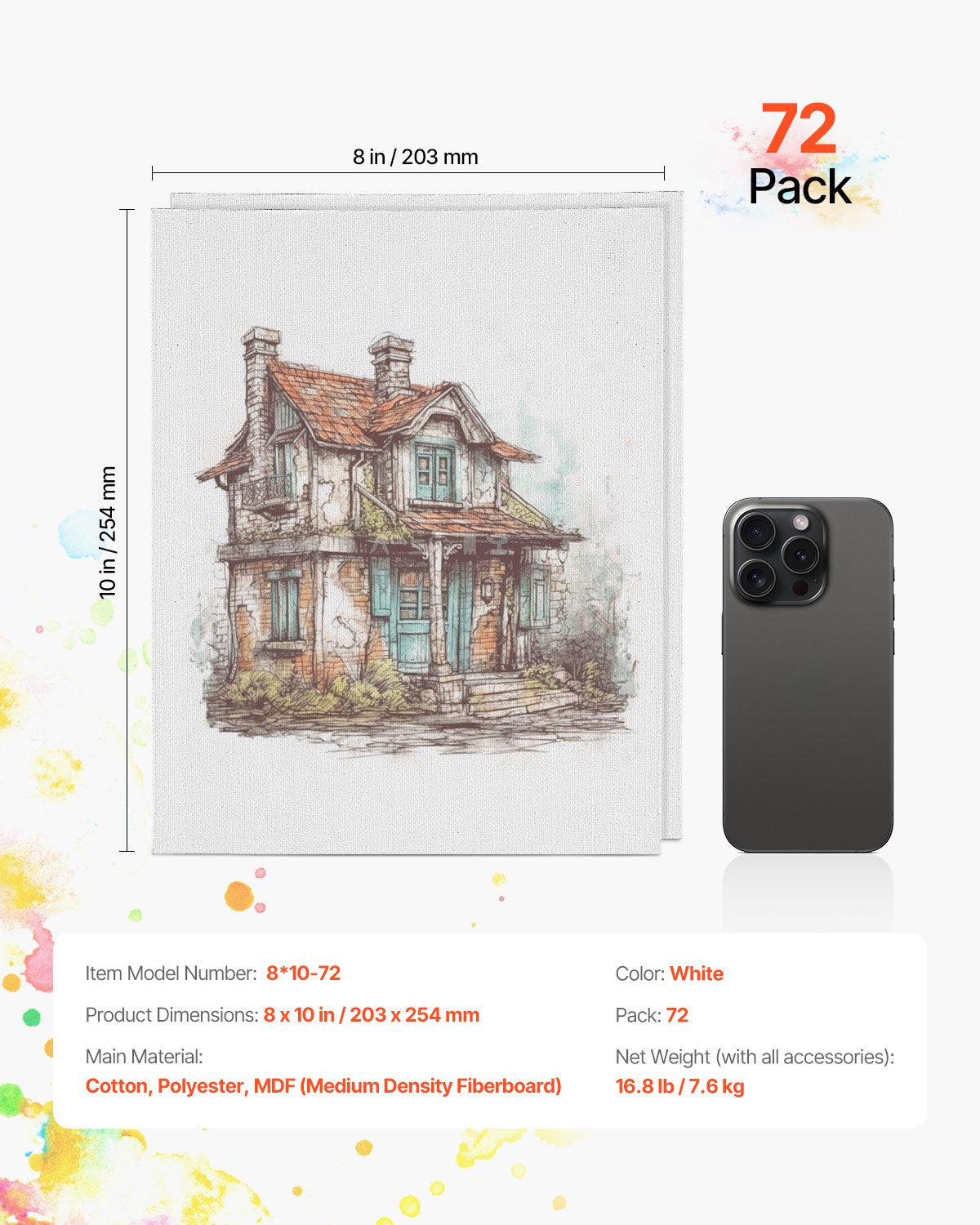 Canvas Boards for Painting, 8 x 10 Inch White Canvases for Painting, 72 Pack Painting Canvas Panels for Sketching, Acrylic and Oil Painting, Watercolor, Paint Canvas for Kids and Professionals