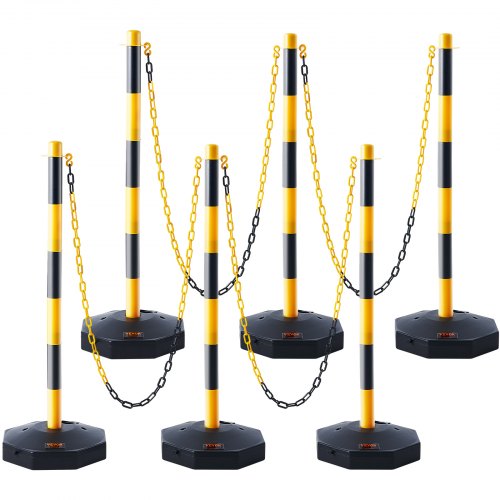 Adjustable Traffic Delineator Post Cones, 6 Pack, Traffic Safety Delineator Barrier with Fillable Base 2.44 m Chain, for Traffic Control Warning Parking Lot Construction Caution Roads, Yellow & Black