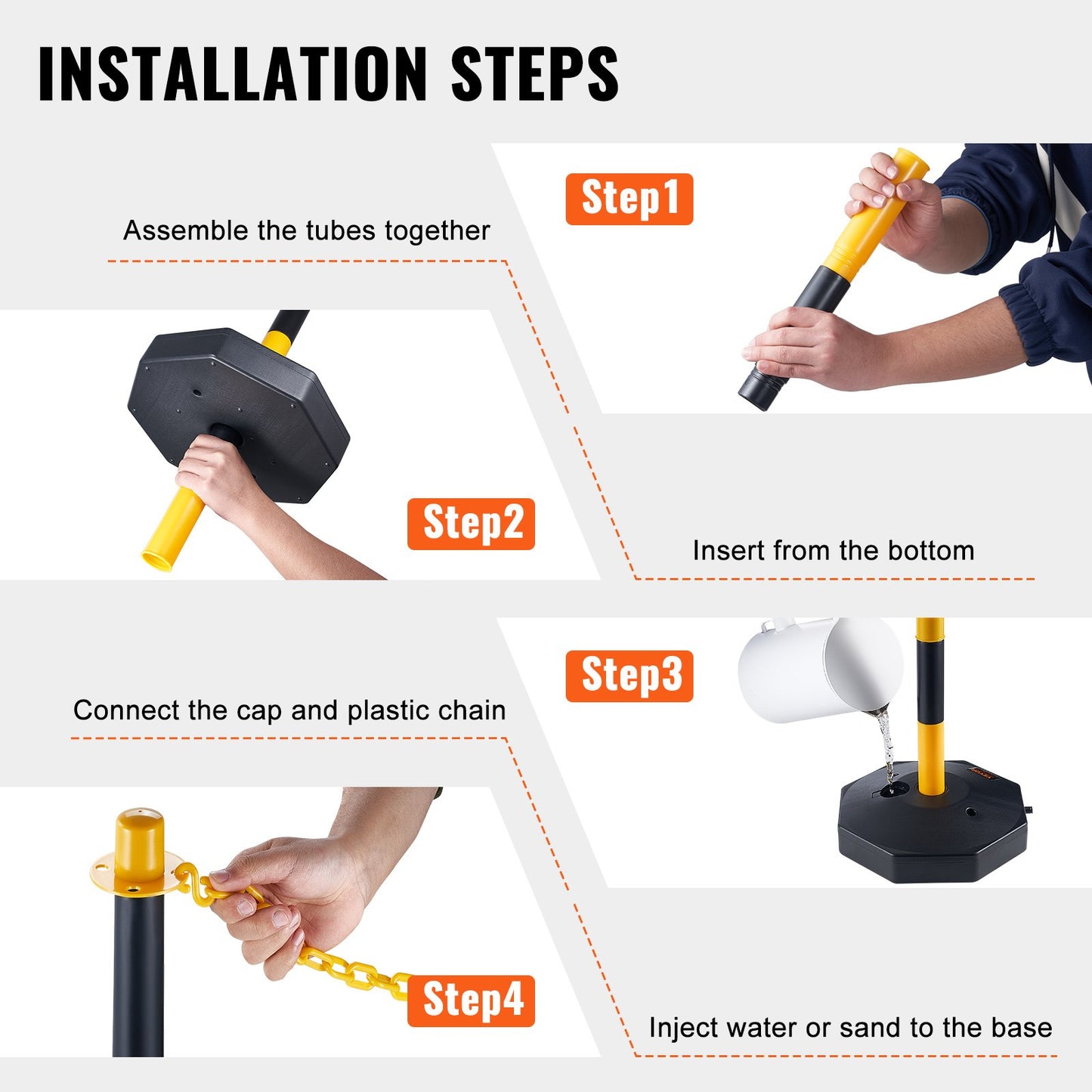 Adjustable Traffic Delineator Post Cones, 6 Pack, Traffic Safety Delineator Barrier with Fillable Base 2.44 m Chain, for Traffic Control Warning Parking Lot Construction Caution Roads, Yellow & Black