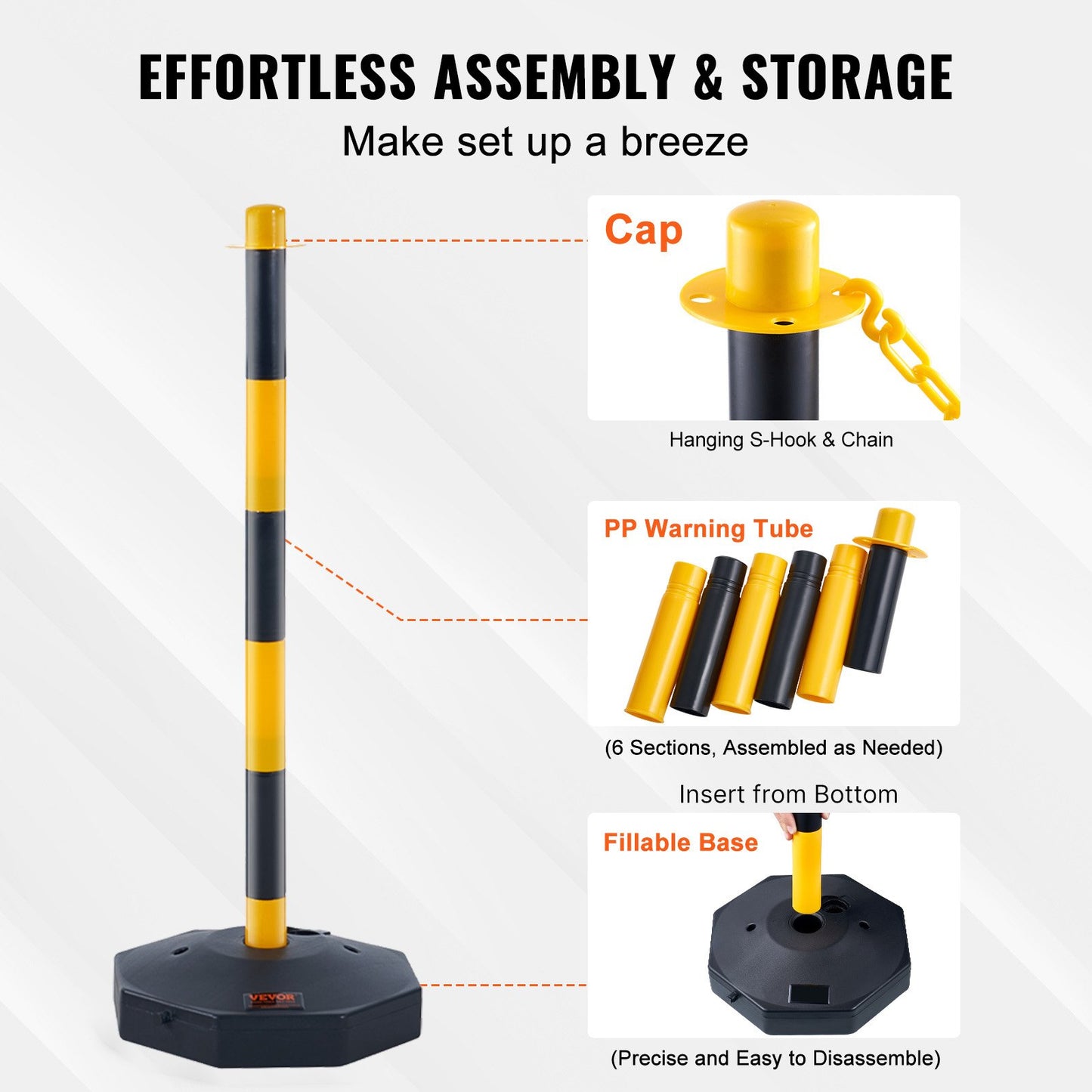 Adjustable Traffic Delineator Post Cones, 6 Pack, Traffic Safety Delineator Barrier with Fillable Base 2.44 m Chain, for Traffic Control Warning Parking Lot Construction Caution Roads, Yellow & Black