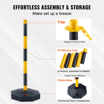 Adjustable Traffic Delineator Post Cones, 6 Pack, Traffic Safety Delineator Barrier with Fillable Base 2.44 m Chain, for Traffic Control Warning Parking Lot Construction Caution Roads, Yellow & Black