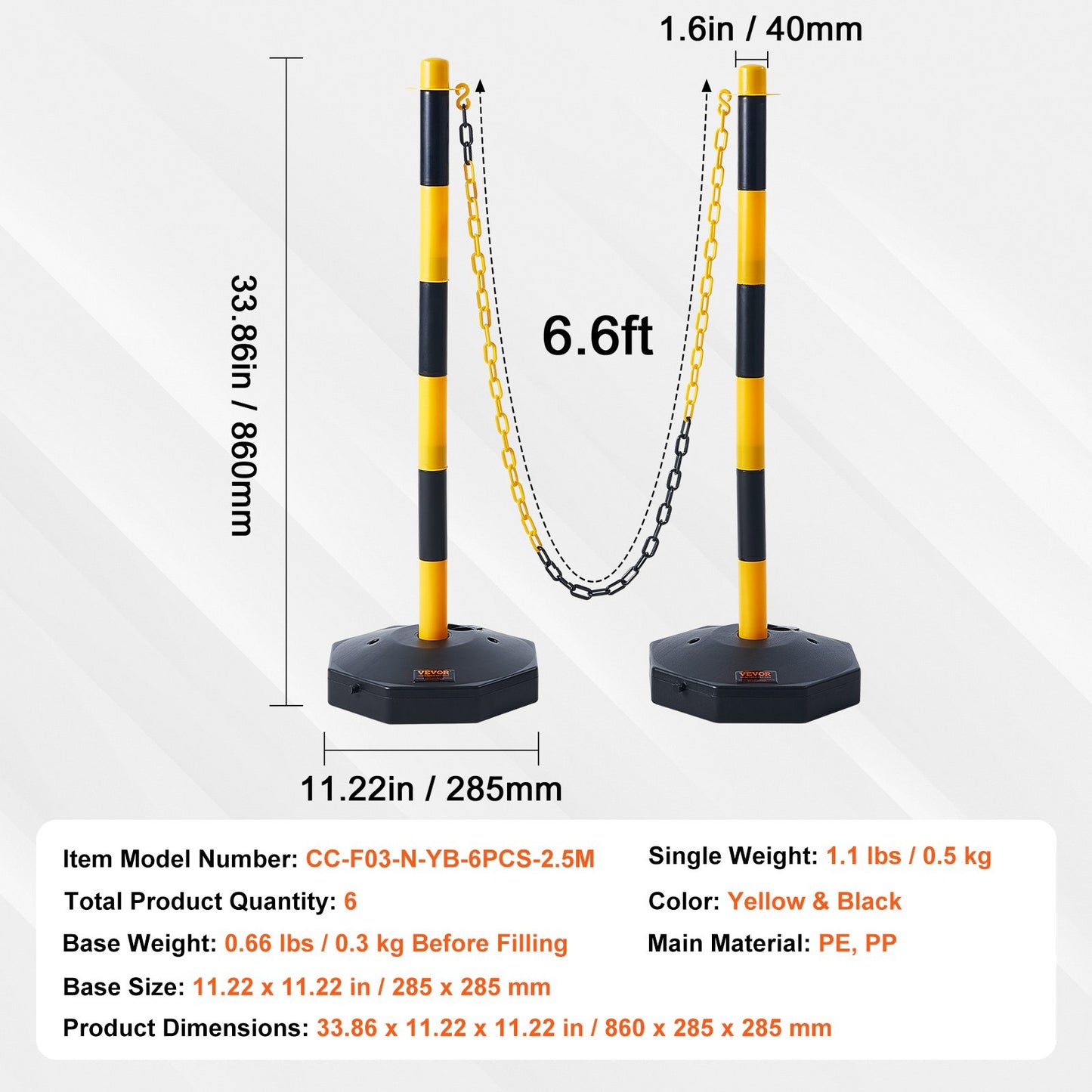 Adjustable Traffic Delineator Post Cones, 6 Pack, Traffic Safety Delineator Barrier with Fillable Base 2.44 m Chain, for Traffic Control Warning Parking Lot Construction Caution Roads, Yellow & Black