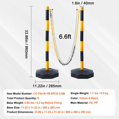 Adjustable Traffic Delineator Post Cones, 6 Pack, Traffic Safety Delineator Barrier with Fillable Base 2.44 m Chain, for Traffic Control Warning Parking Lot Construction Caution Roads, Yellow & Black