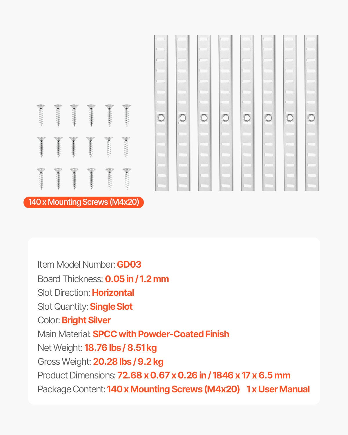 Shelf Pilaster, 72.7-inch 20 Pack, Adjustable Shelf Brackets Steel Mortise Mount Pilaster Strip Standards with 140 Screws, Suitable for Wall Shelving System Cabinet Closet Organization