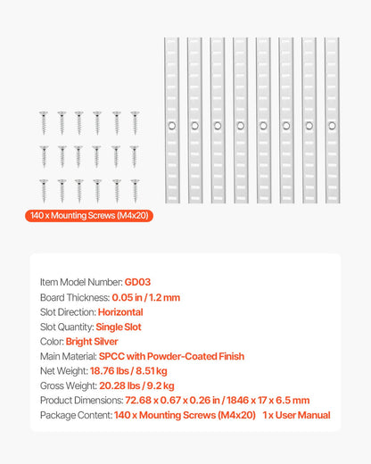 Shelf Pilaster, 72.7-inch 20 Pack, Adjustable Shelf Brackets Steel Mortise Mount Pilaster Strip Standards with 140 Screws, Suitable for Wall Shelving System Cabinet Closet Organization