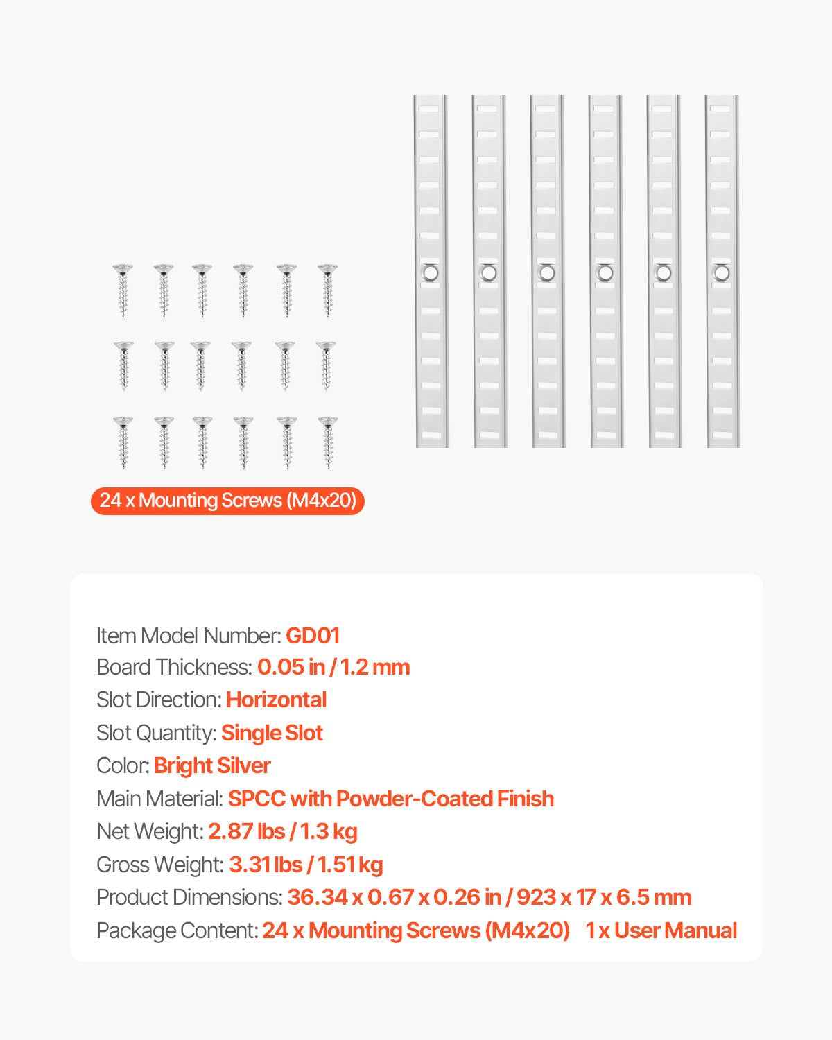 Hyllpilaster, 36,3-tums 6-pack, justerbara hyllkonsoler i stål, insticksmonterade pilasterliststandarder med 24 skruvar, lämplig för vägghyllsystem, skåporganisation