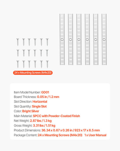 Hyllpilaster, 36,3-tums 6-pack, justerbara hyllkonsoler i stål, insticksmonterade pilasterliststandarder med 24 skruvar, lämplig för vägghyllsystem, skåporganisation