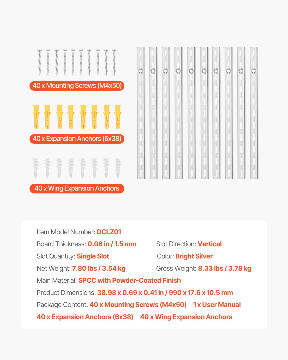 Shelf Pilaster, 39-inch 10 Pack, Upright Wall Shelving System, Heavy Duty Support System Single Slot Shelf Rails, 40 Screws Included, Suitable for Cabinet Closet Organization Storage, Silver