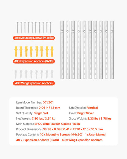 Shelf Pilaster, 39-inch 10 Pack, Upright Wall Shelving System, Heavy Duty Support System Single Slot Shelf Rails, 40 Screws Included, Suitable for Cabinet Closet Organization Storage, Silver