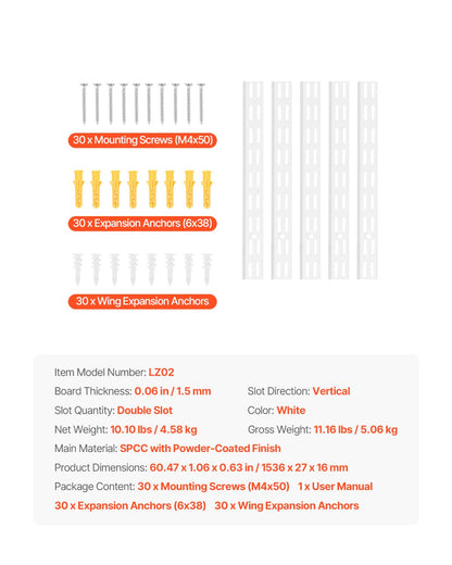 Shelf Pilaster, 60-inch 5 Pack, Dual Track Upright Wall Shelving System, Heavy Duty Support System Twin Slot Shelf Rails, 25 Screws, Suitable for Cabinet Closet Organization Storage, Silver