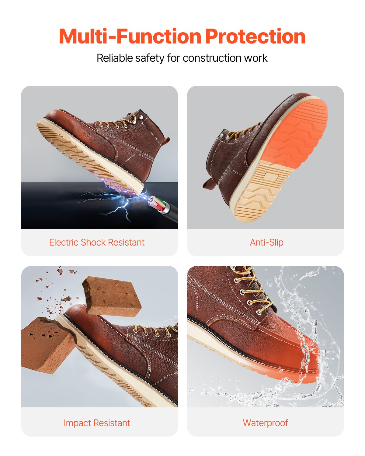 Stålhätta arbetskängor, UK storlek 8, vattentäta arbetskängor med mockatå för män, halkfria arbetskängor, lätta och andningsbara EVA-gummisula herrstövlar för industri och bygg, bruna