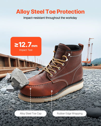Steel Toe Work Boots, UK Size 8.5, Waterproof Moc Toe Work Boots for Men, Slip-Resistant Work Boot, Lightweight and Breathable EVA Rubber Sole Mens Boots for Industry Construction, Brown