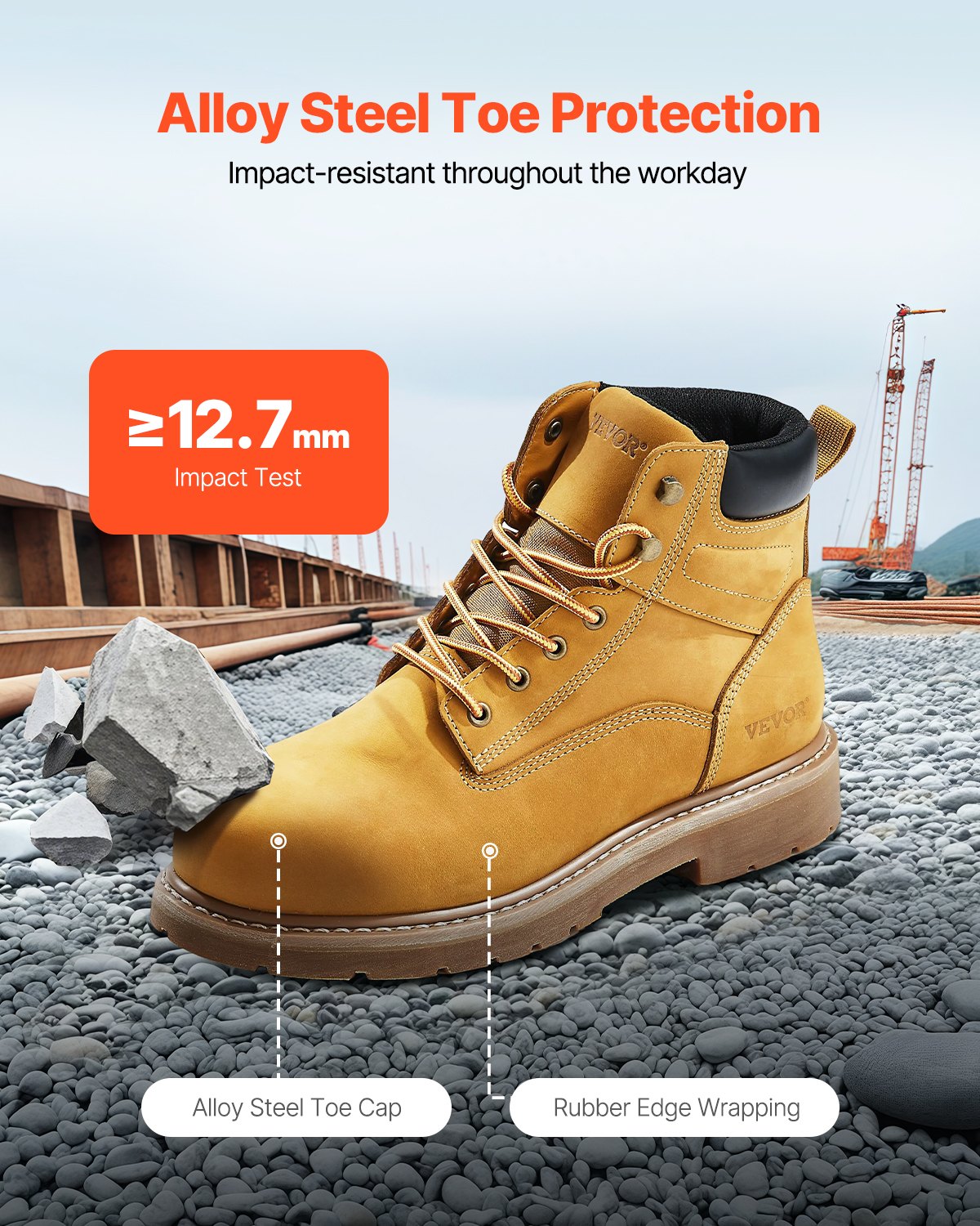 Steel Toe Work Boots, UK Size 12, Waterproof Work Boots for Men, Slip-Resistant Work Boot, Lightweight and Breathable Rubber Sole Mens Boots for Industry Construction, Brown Yellow