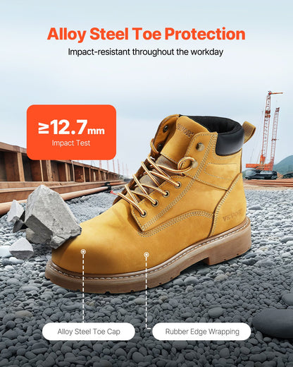 Steel Toe Work Boots, UK Size 12, Waterproof Work Boots for Men, Slip-Resistant Work Boot, Lightweight and Breathable Rubber Sole Mens Boots for Industry Construction, Brown Yellow