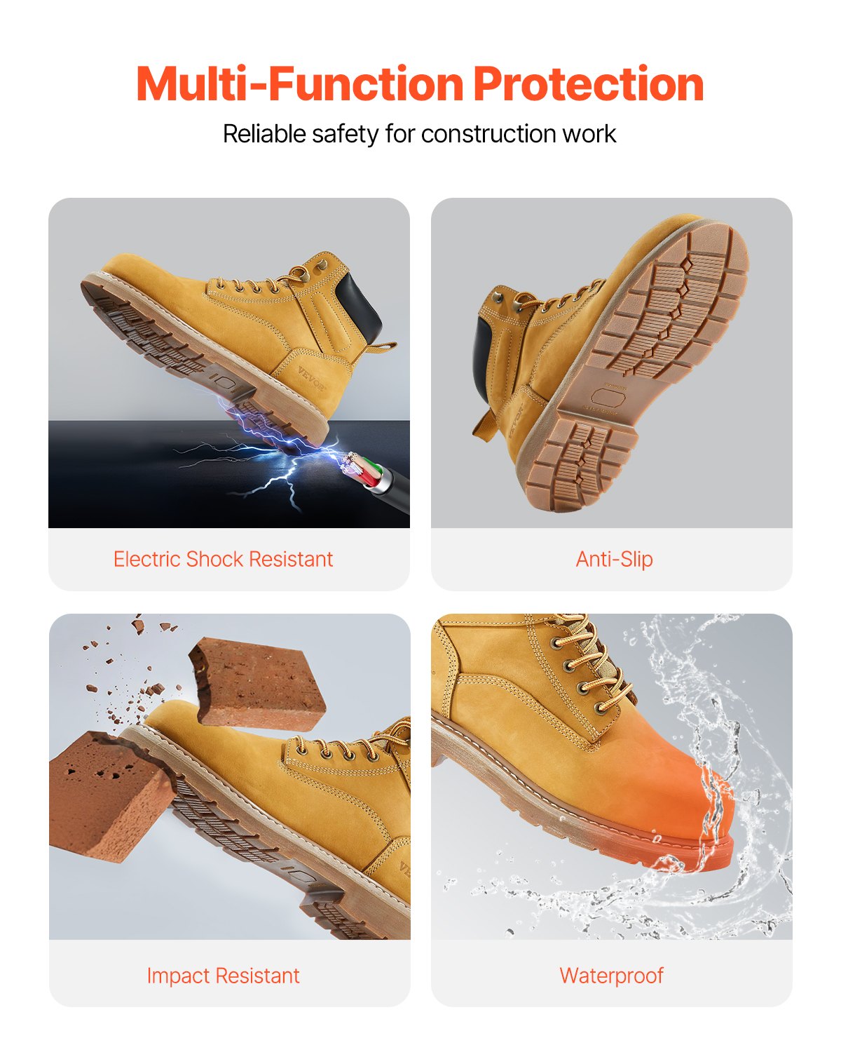 Steel Toe Work Boots, UK Size 8.5, Waterproof Work Boots for Men, Slip-Resistant Work Boot, Lightweight and Breathable Rubber Sole Mens Boots for Industry Construction, Brown Yellow